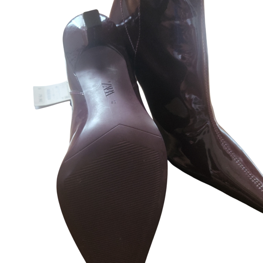 Zara Glossy Dark Brown Heeled Boots - Picture 6 of 12